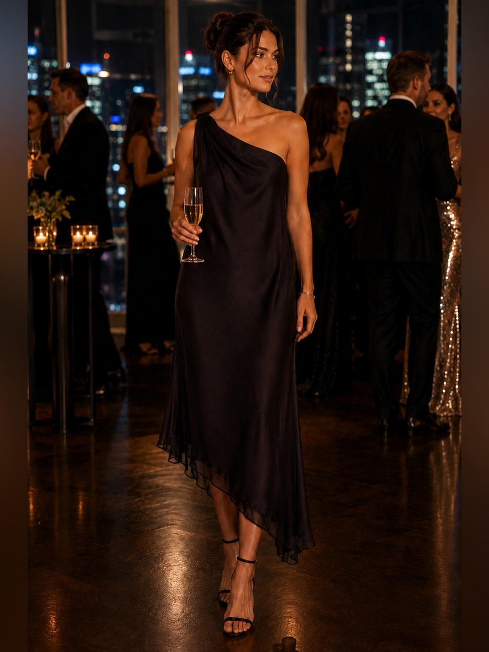 Black One Shoulder Chiffon Midi Dress SZ 6 Y2K Minimalist